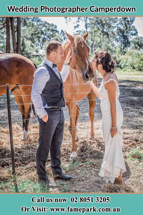 Photo of the Groom and the Bride caressing a horse Camperdown NSW 2050